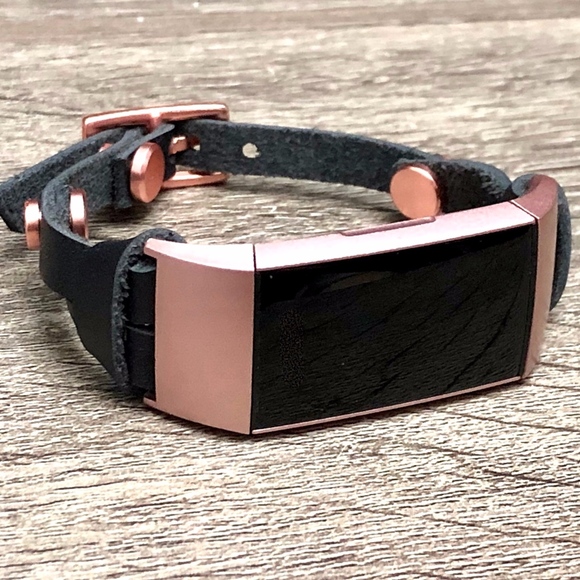 Rose Gold & Black Leather Fitbit Charge 3 Bracelet - Picture 1 of 8